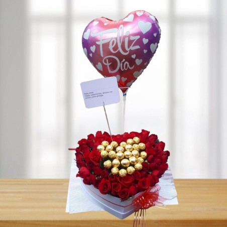 Caja Corazón con Rosas Rojas y Chocolates Ferrero Rocher