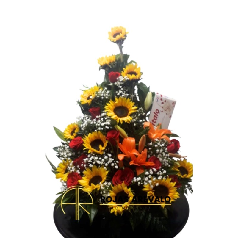 Arreglo Floral con Girasoles, Lirios y Rosas con Chocolatina