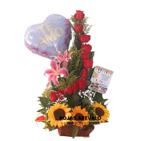 Arreglo Floral de Amor con Rosas, Girasoles y Lirios