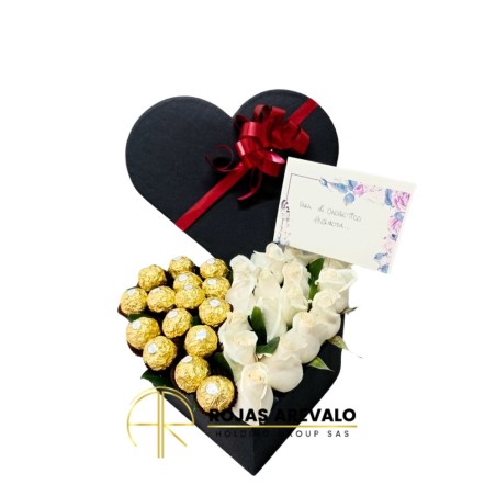 Caja Corazón con Rosas Blancas y Chocolates - Corazón Sensible