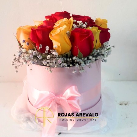 Caja Redonda de Rosas Rojas y Amarillas - Rosas Radiantes